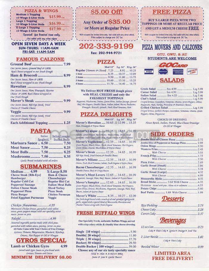 Pizza Movers & Calzones - Washington, DC menu_pic