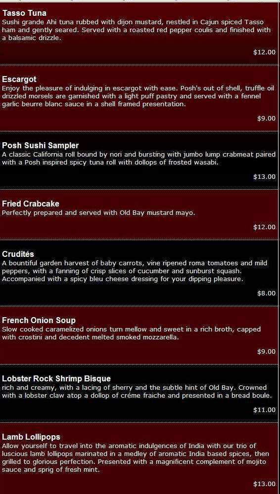 Posh Restaurant & Supper Club - Washington, DC menu_pic