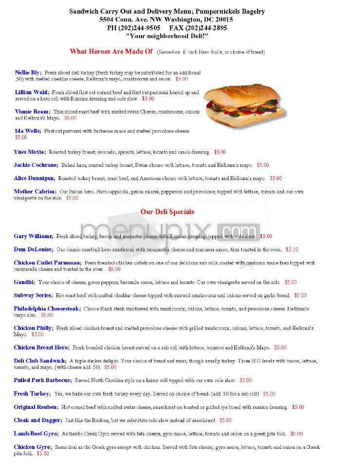 Pumpernickel's Deli - Washington, DC menu_pic