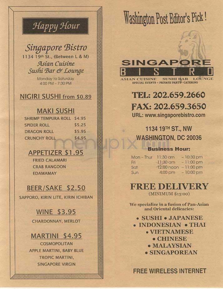 Singapore Bistro - Washington, DC menu_pic
