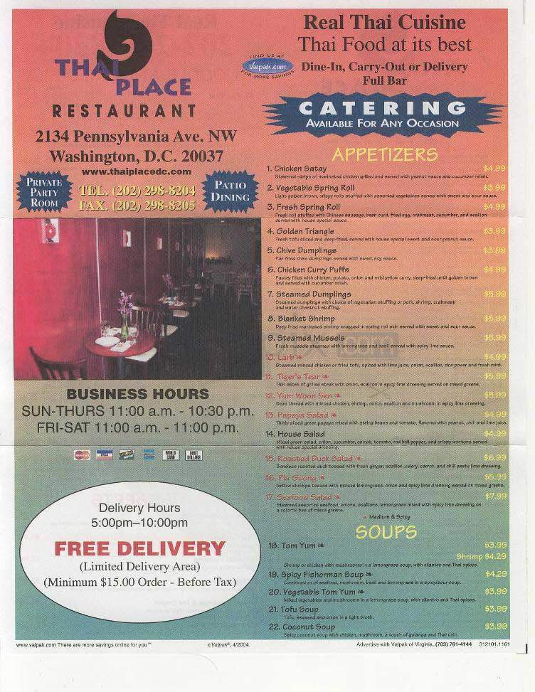 Thai Place - Washington, DC menu_pic