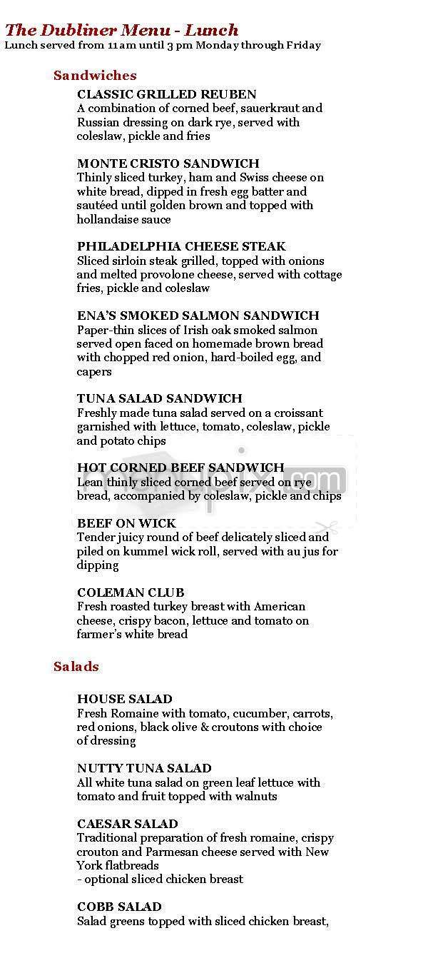 Dubliner (Phoenix Park Hotel) - Washington, DC menu_pic