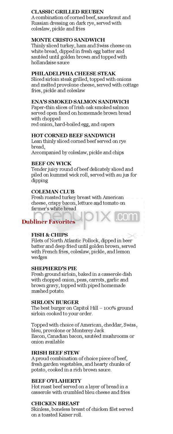 Dubliner (Phoenix Park Hotel) - Washington, DC menu_pic