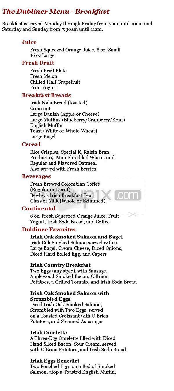Dubliner (Phoenix Park Hotel) - Washington, DC menu_pic