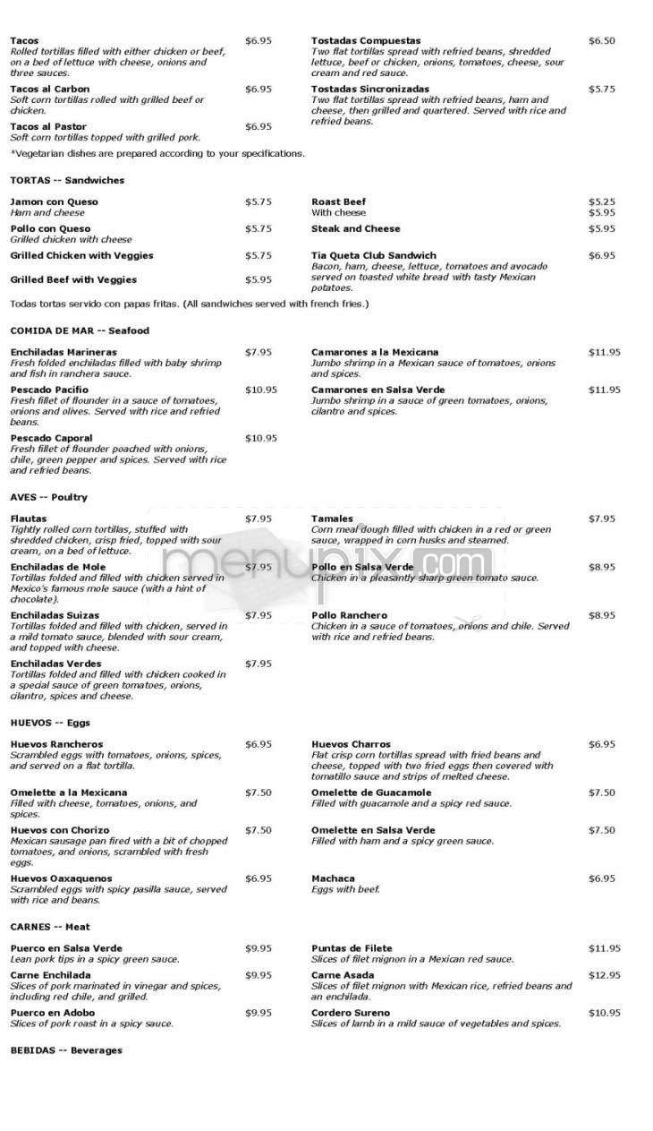 Tia Queta Restaurant - Bethesda, MD menu_pic