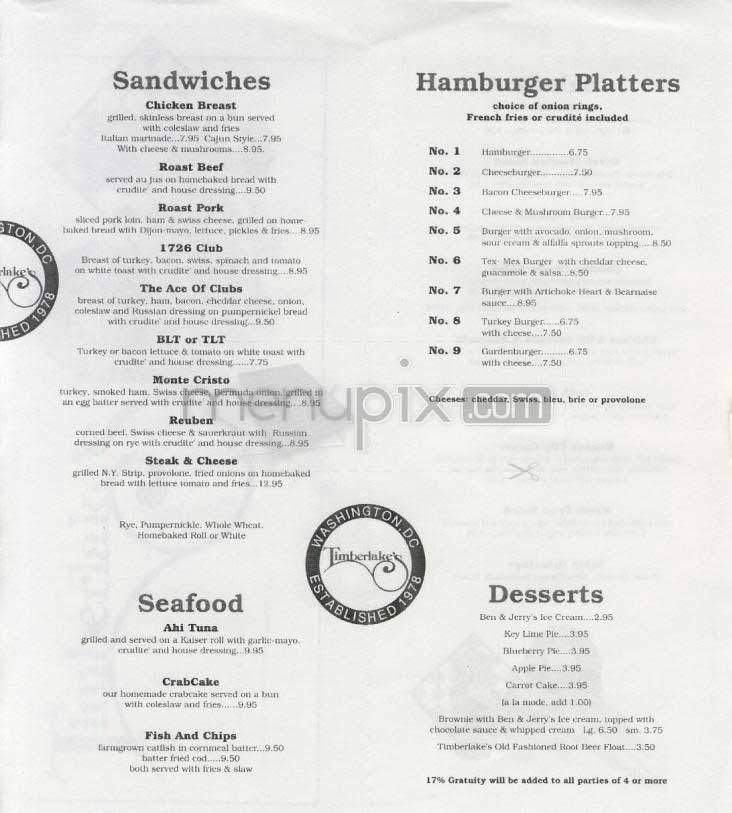 Timberlakes - Washington, DC menu_pic