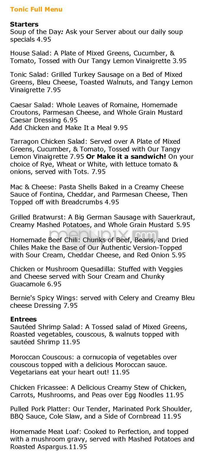 Tonic - Washington, DC menu_pic