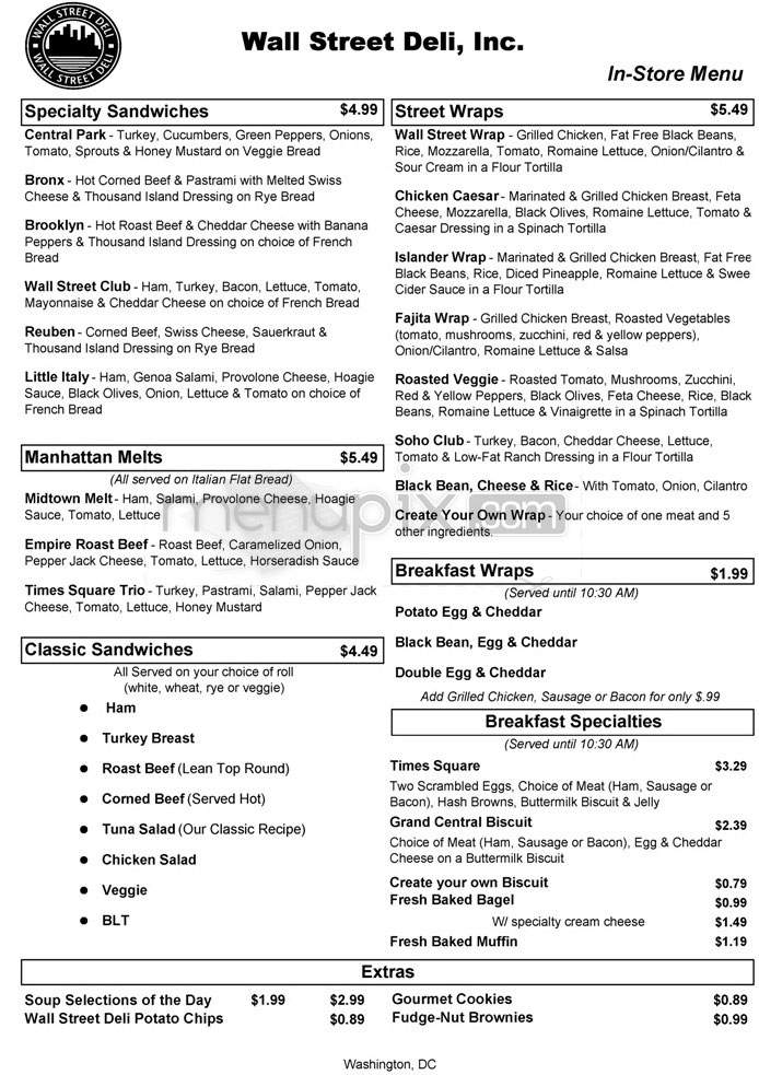 Wall Street Deli - Washington, DC menu_pic
