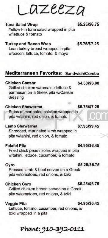 Lazeeza Mediterranean Grille - Wilmington, NC menu_pic