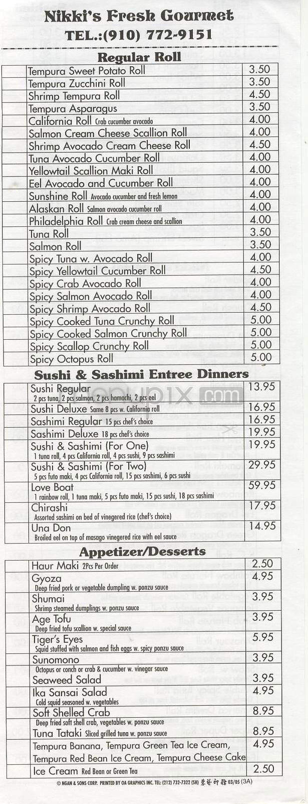 Nikki's Restaurant & Sushi Bar - Wilmington, NC menu_pic