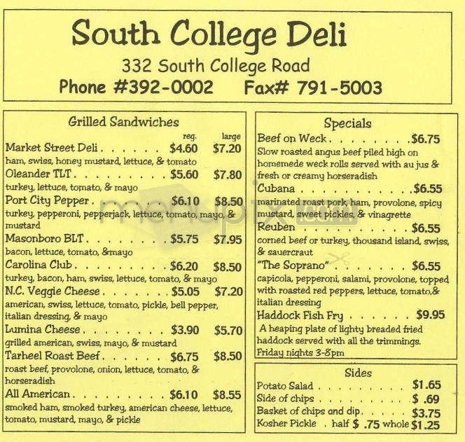 South College Sandwich & Deli - Wilmington, NC menu_pic