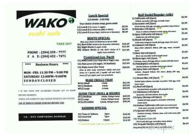 Wako Sushi Cafe - Winnipeg, MB menu_pic