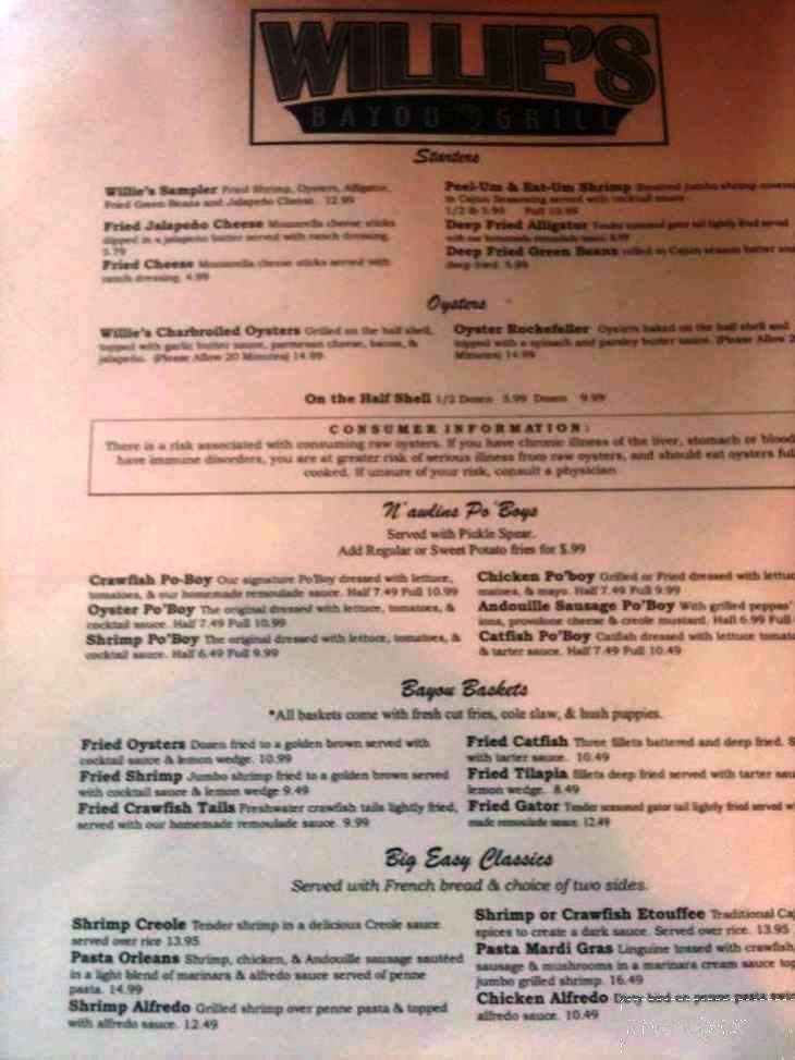 Willie's Bayou Grill - Amarillo, TX menu_pic