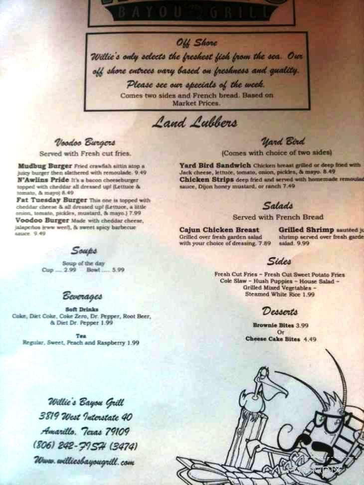 Willie's Bayou Grill - Amarillo, TX menu_pic