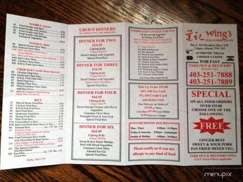 Wing's Fine Food To Go - Calgary, AB menu_pic