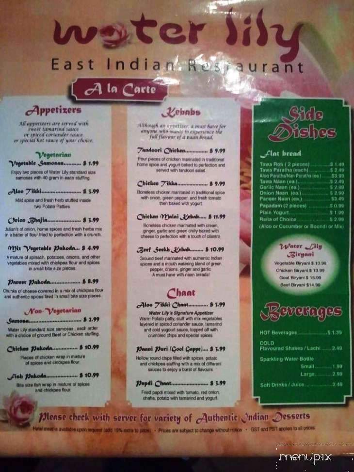Water Lily East Indian Restaurant - Winnipeg, MB menu_pic