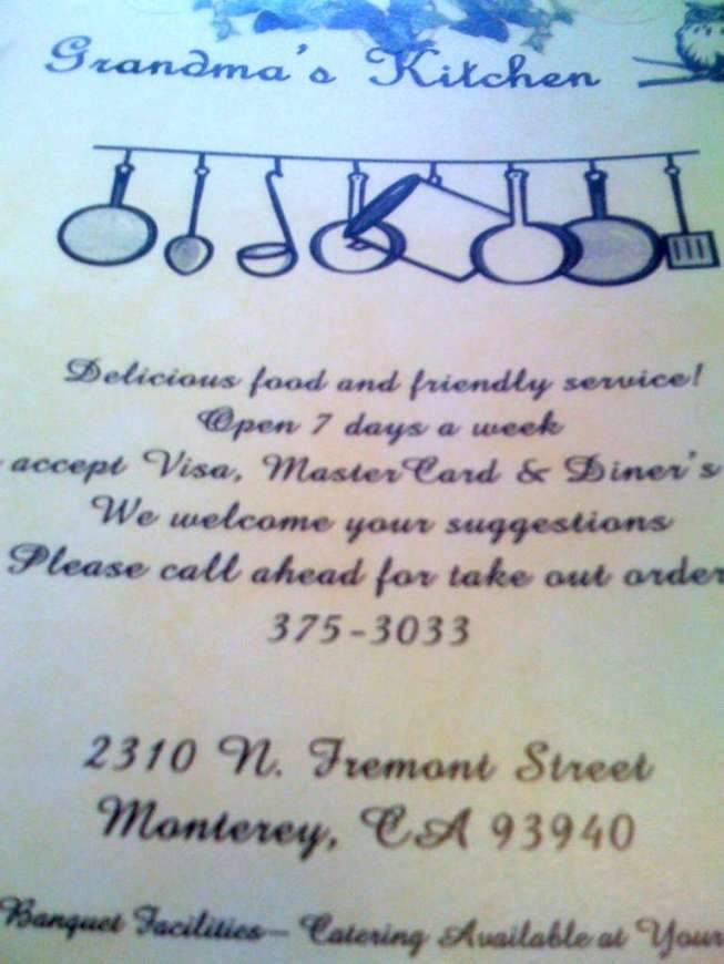 Grandma's Kitchen - Monterey, CA menu_pic